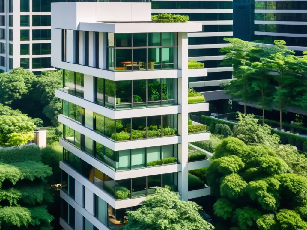 Oficina moderna con vistas a la ciudad y naturaleza Vista aérea de edificio de oficinas moderno rodeado de naturaleza, reflejando la energía vibrante de un distrito empresarial