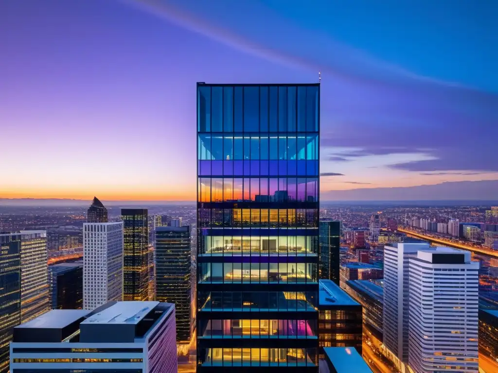 Oficina de cristal en la ciudad al atardecer Vista aérea de un edificio de oficinas moderno con diseño minimalista y cristalero, en una vibrante ciudad al atardecer