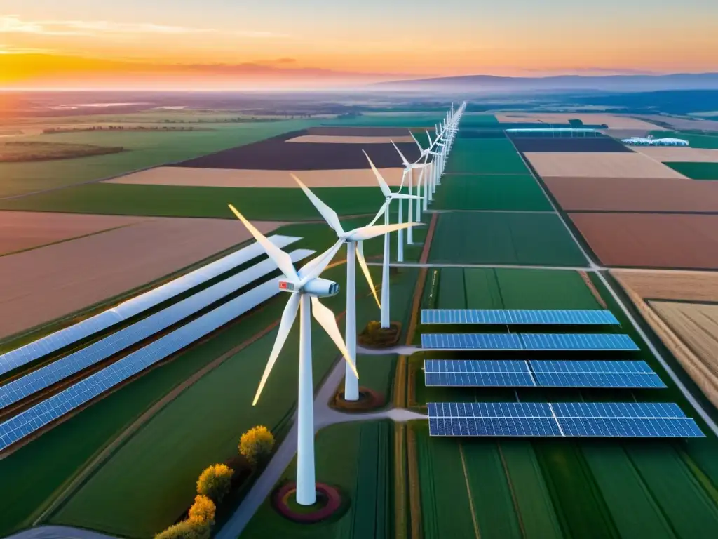Infraestructura energética futurista en atardecer Vista aérea de energía renovable con turbinas eólicas y paneles solares, iluminados por el atardecer