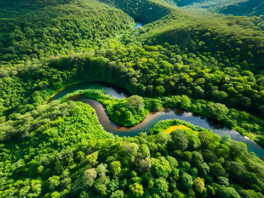 Belleza natural: Bosque verde de México Vista aérea de exuberante bosque en México con río serpenteante