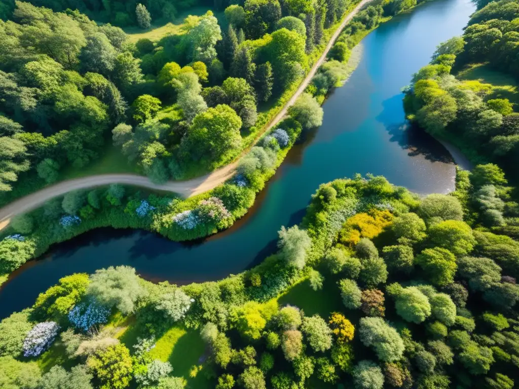 Bosque exuberante con río serpenteante: naturaleza tranquila Vista aérea de un exuberante bosque con río serpenteante y flores silvestres