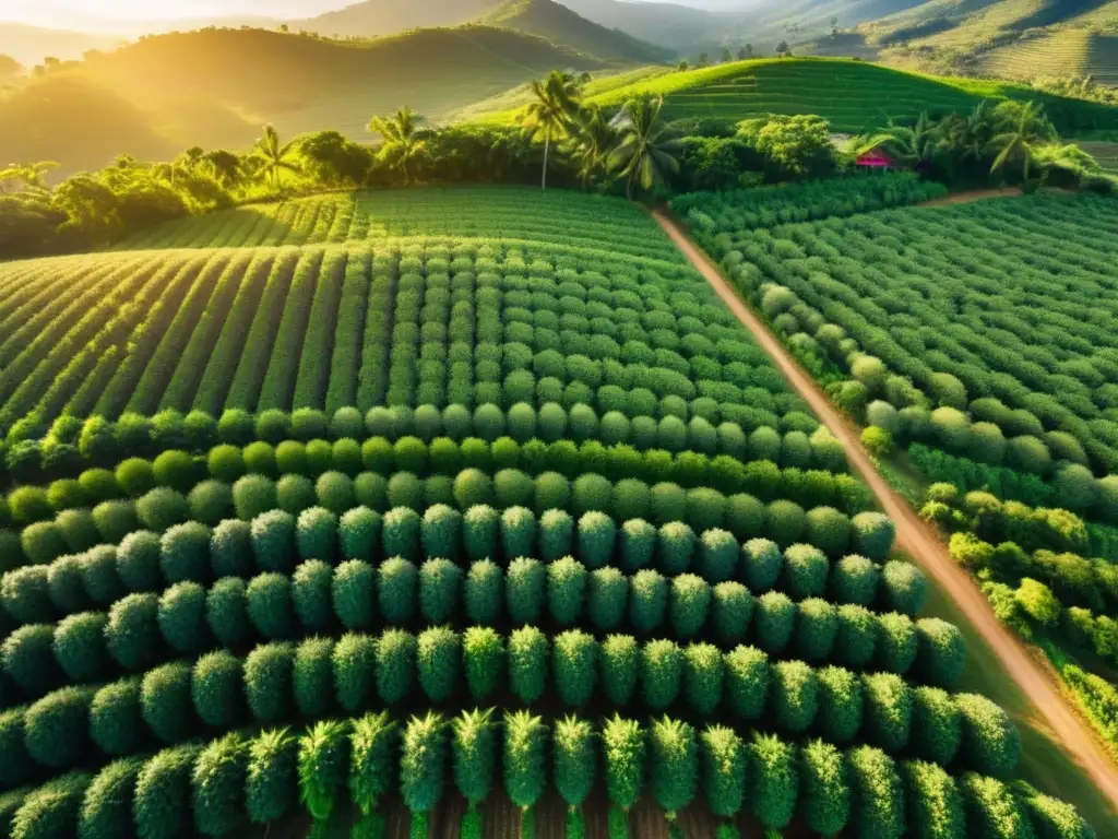 Plantación tropical: belleza y trabajo en la agricultura remota Vista aérea de exuberante paisaje agrícola en zona remota, con frutales vibrantes bajo cálido sol