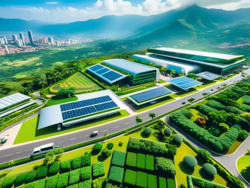 Zona franca colombiana: Futurismo y naturaleza en armonía Vista aérea futurista de una Zona Franca en Colombia, con edificios modernos rodeados de exuberante vegetación