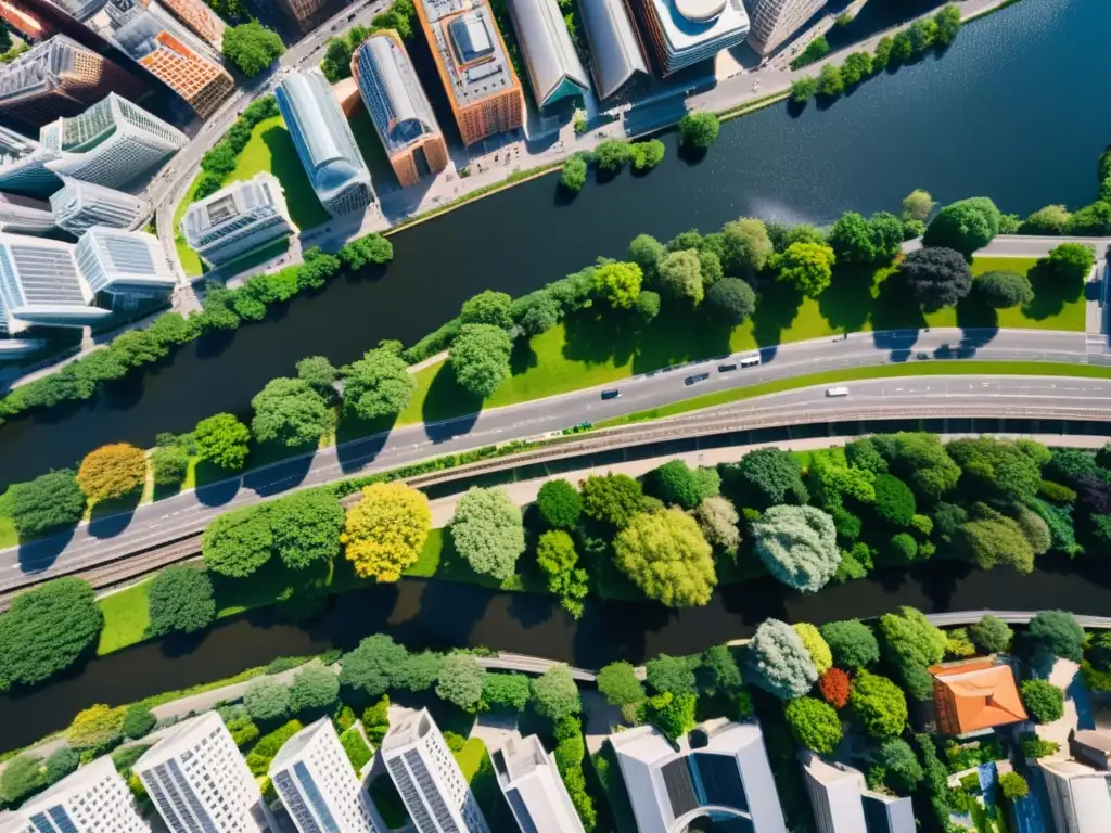 Esplendor urbano: modernidad y naturaleza en la ciudad Vista aérea impactante de una ciudad vibrante con rascacielos modernos y edificios históricos, rodeada de vegetación exuberante y un río sinuoso