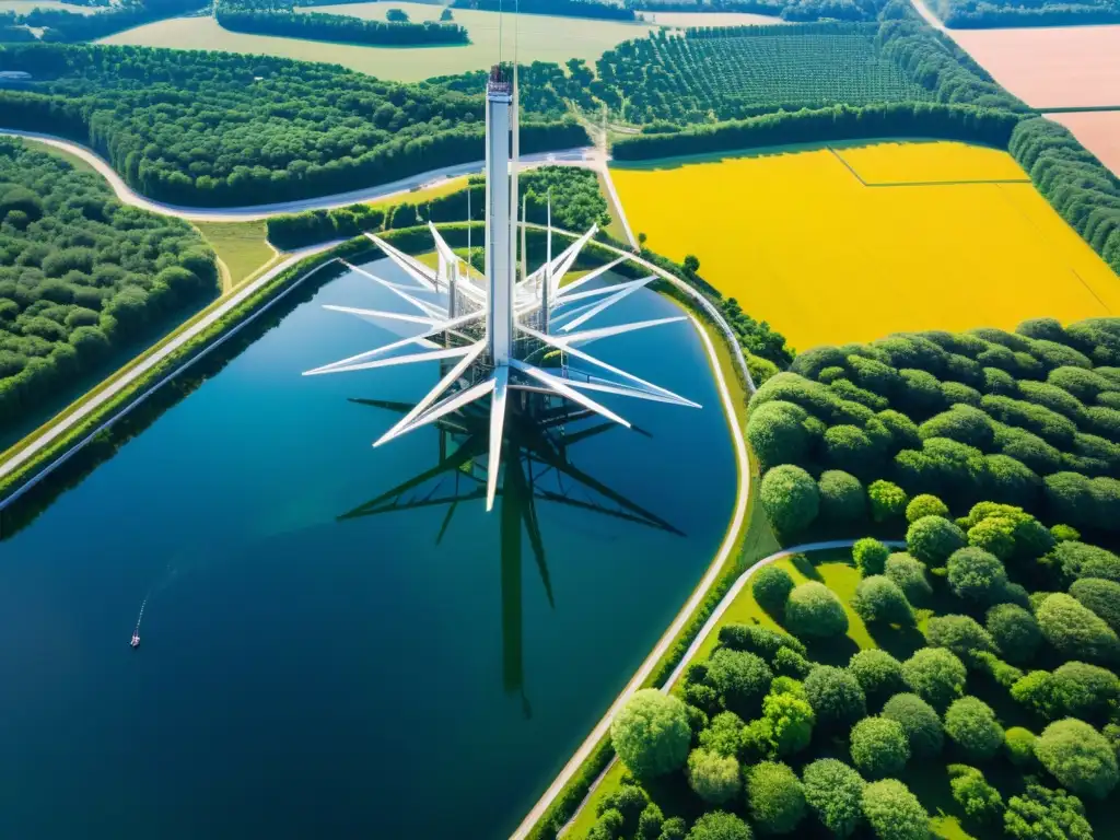 Planta energética futurista en paisaje exuberante Vista aérea impactante de una moderna planta de distribución de energía, con estructuras metálicas relucientes bajo el sol