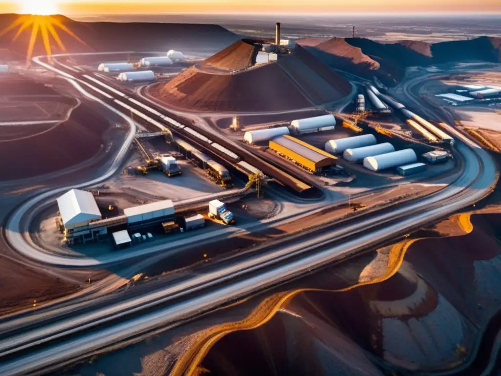 Operación minera: majestuosidad industrial al atardecer Vista aérea impactante de una operación minera moderna al atardecer, con camiones enormes y edificaciones industriales