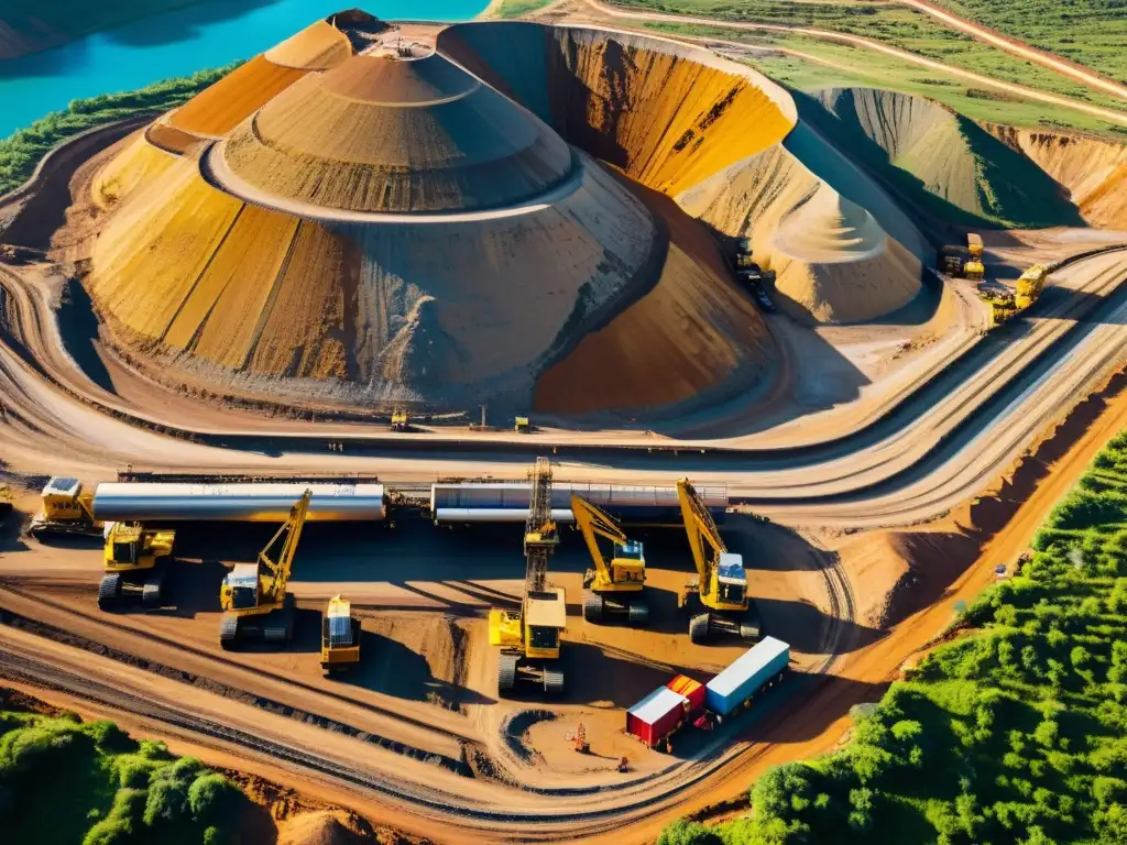 Extracción industrial: actividad vibrante en terreno natural Vista aérea impactante del sector extractivo con maquinaria, camiones y trabajadores