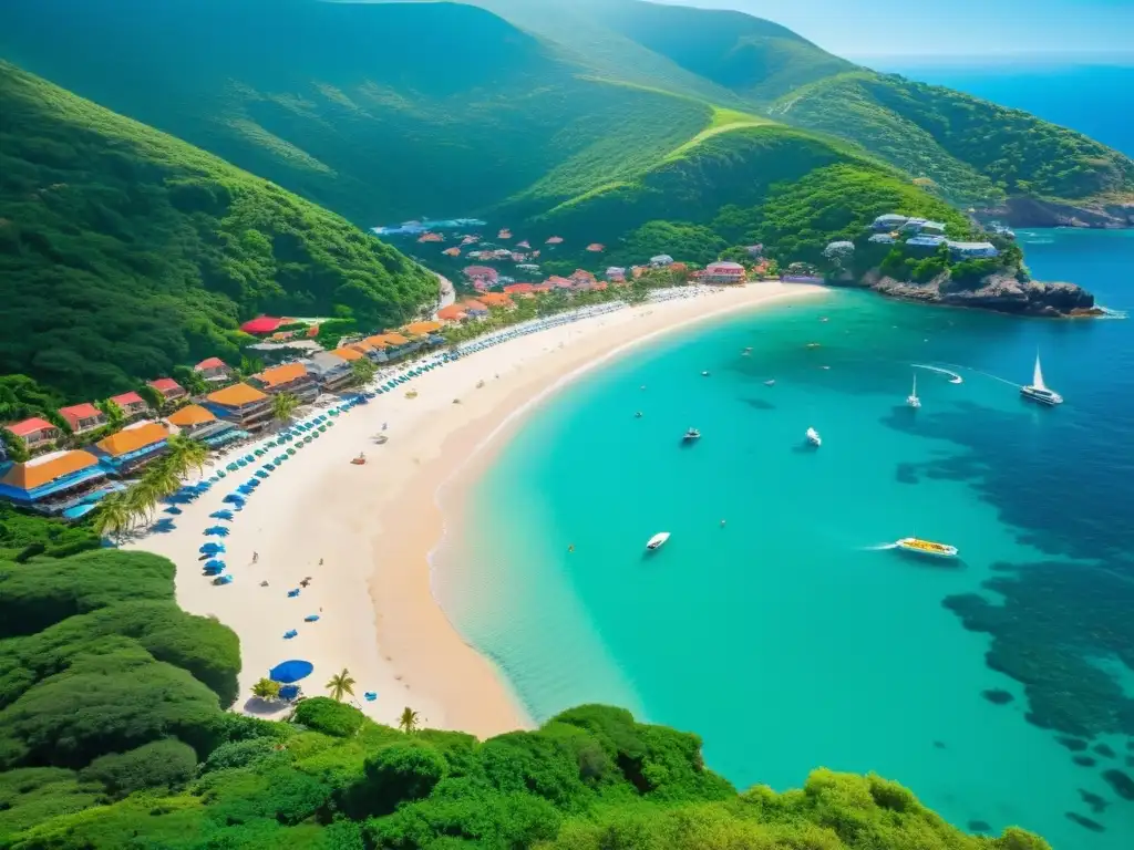 Costa tropical: encanto y actividad en un paraíso turístico Vista aérea impresionante de un bullicioso pueblo costero, con edificios coloridos junto a la playa y aguas cristalinas