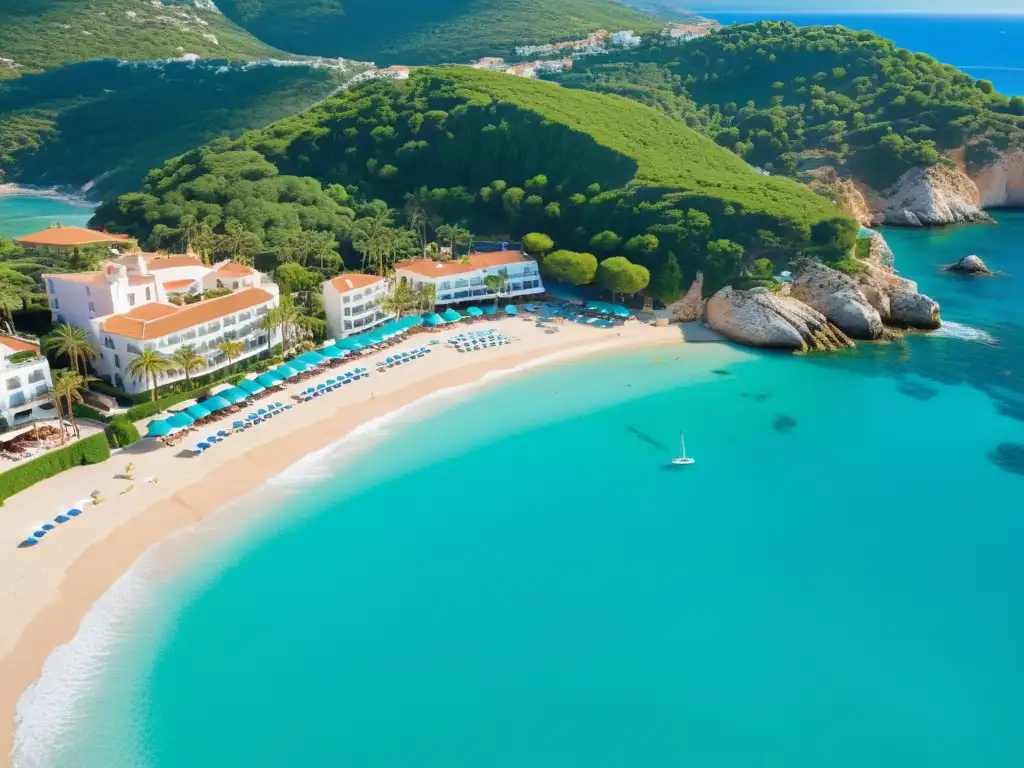 Costa española: playas doradas y aguas turquesas Vista aérea impresionante de la costa española con aguas turquesas cristalinas y playas doradas