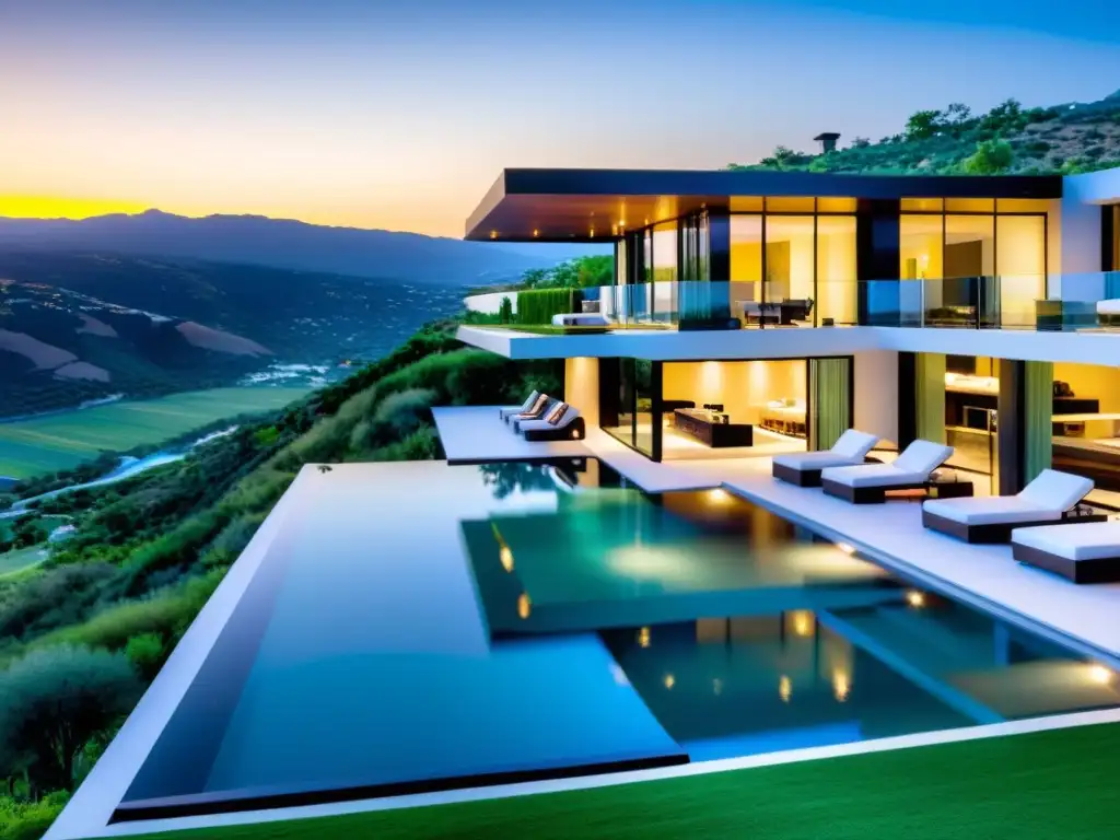 Residencia moderna de lujo con vistas panorámicas Vista aérea de una lujosa mansión moderna en una colina, con diseño arquitectónico elegante y una piscina infinita