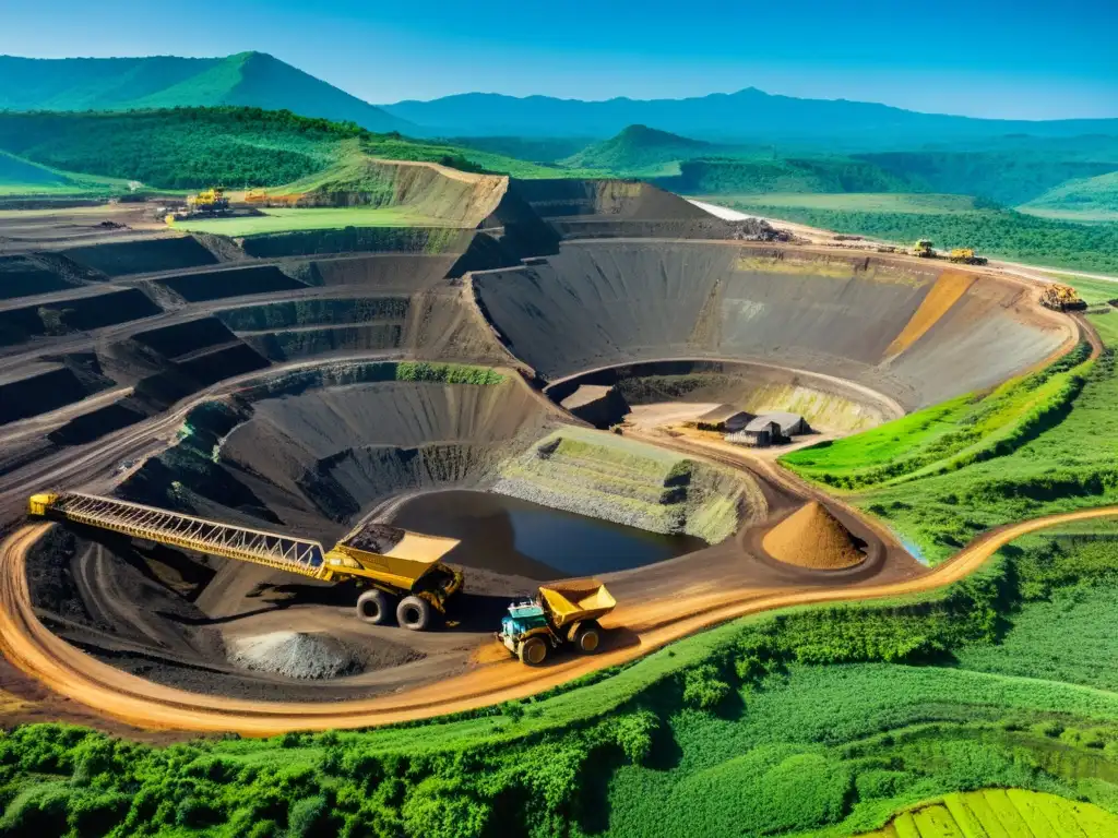 Minería de carbón a cielo abierto en Colombia: Contrastes impactantes Vista aérea de una mina de carbón a cielo abierto en Colombia, con maquinaria pesada, camiones y trabajadores