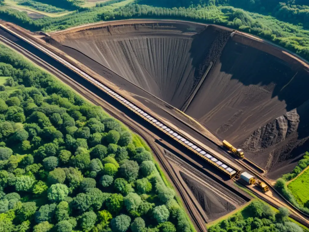 Minería de carbón: Belleza industrial y natural Vista aérea de mina de carbón con maquinaria pesada y paisaje natural