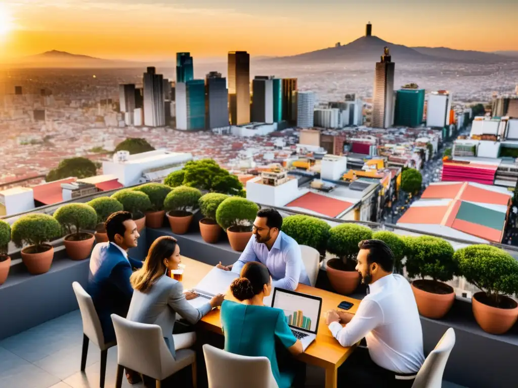 Atardecer emprendedor en el horizonte de la Ciudad de México Vista aérea de la moderna Ciudad de México al atardecer, con rascacielos, emprendedores y planificación fiscal para emprendedores en México