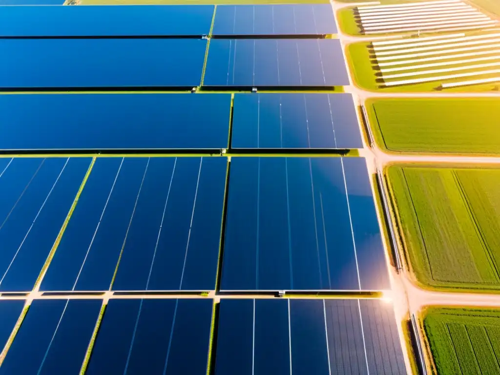 Granja solar moderna: energía sostenible bajo el cielo azul Vista aérea de una moderna granja solar con paneles relucientes bajo un cielo azul