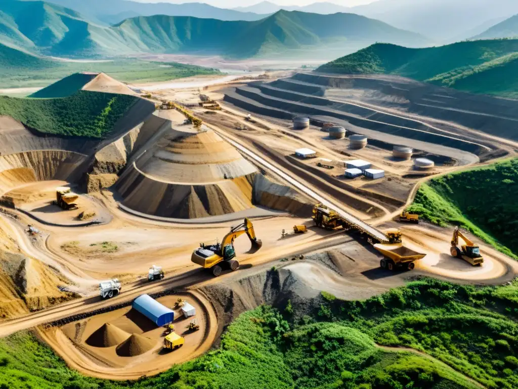 Minería moderna en Colombia: impacto visual Vista aérea de una moderna operación minera en Colombia, con maquinaria y camiones en un vasto río abierto