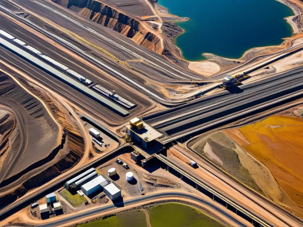 Operación minera moderna: vista aérea de alta resolución Vista aérea de una moderna operación minera, con compleja infraestructura y equipos