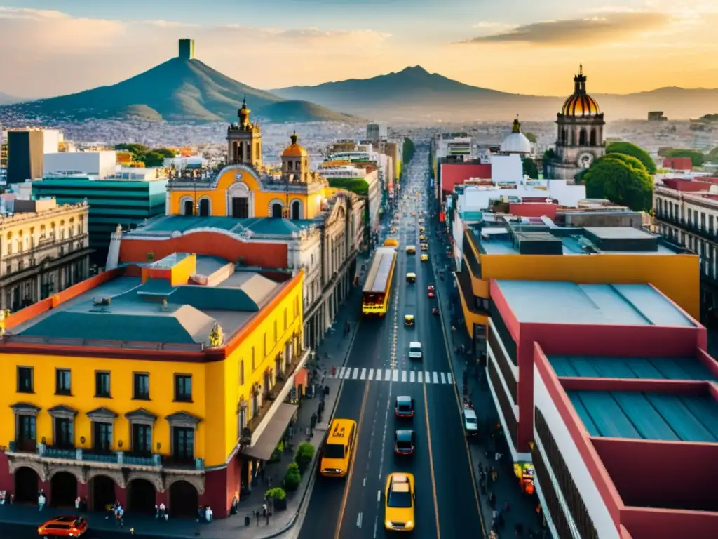 Vibrante panorama urbano de Ciudad de México: modernidad y tradición Vista aérea panorámica de la bulliciosa Ciudad de México, con modernos rascacielos y arquitectura colonial