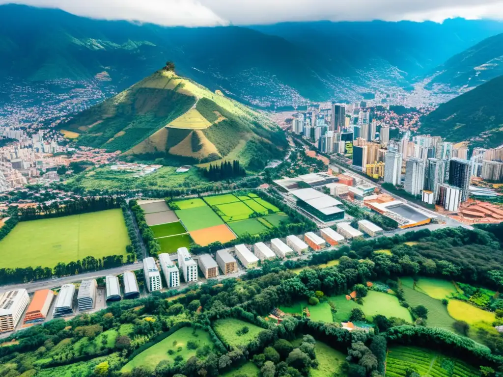 Centro financiero de Bogotá: oportunidades de inversión Vista aérea panorámica del bullicioso distrito financiero de Bogotá, Colombia, con rascacielos modernos y edificios de oficinas rodeados de exuberante vegetación y montañas al fondo