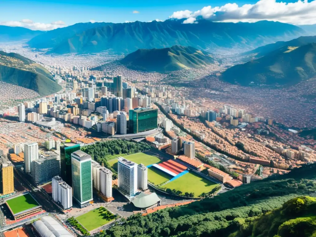 Bogotá: Ciudad cosmopolita entre los Andes Vista aérea panorámica de Bogotá, Colombia, con rascacielos modernos y calles vibrantes llenas de gente y tráfico