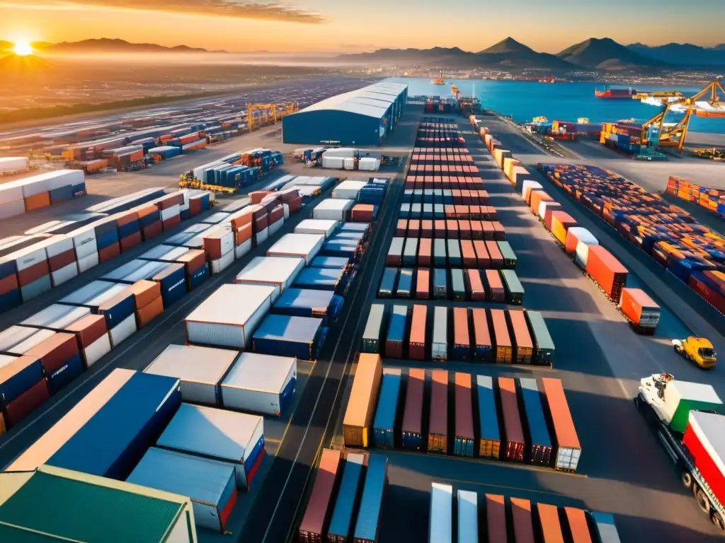 Parque industrial mexicano: potencial del comercio internacional Vista aérea de un parque industrial en México al atardecer, con almacenes, fábricas, camiones y contenedores