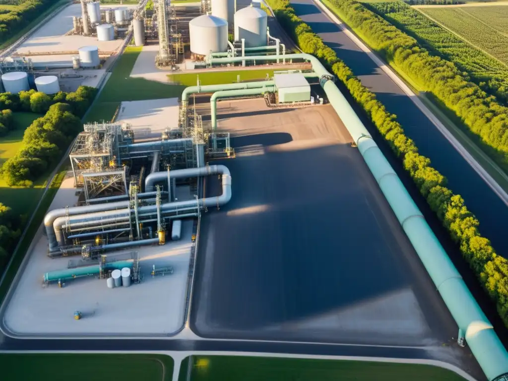 Complejidad industrial: planta de gas natural entre naturaleza exuberante Vista aérea de planta de gas rodeada de exuberante vegetación