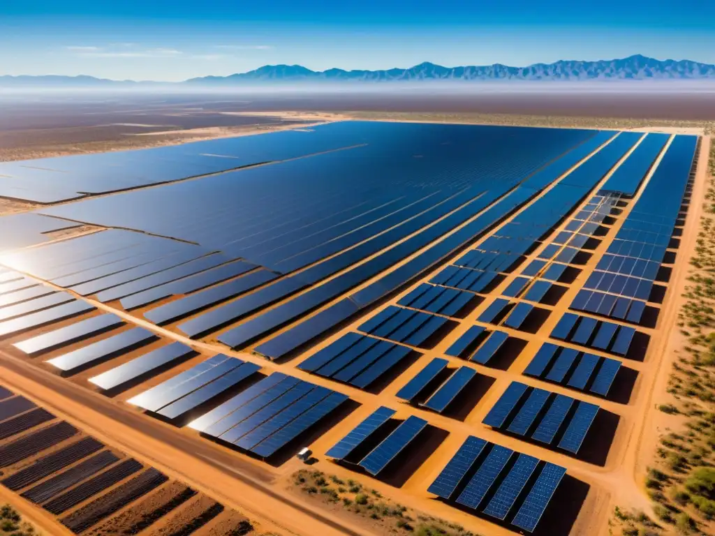 Planta solar moderna en el desierto mexicano: un espectáculo energético Vista aérea de planta solar en desierto mexicano con paneles relucientes bajo intenso sol