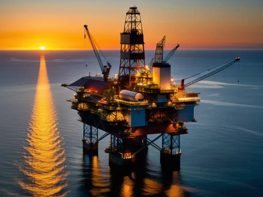 Esplendor dorado: plataforma petrolera en el océano al atardecer Vista aérea de plataforma petrolera en el océano al atardecer, reflejando luz dorada