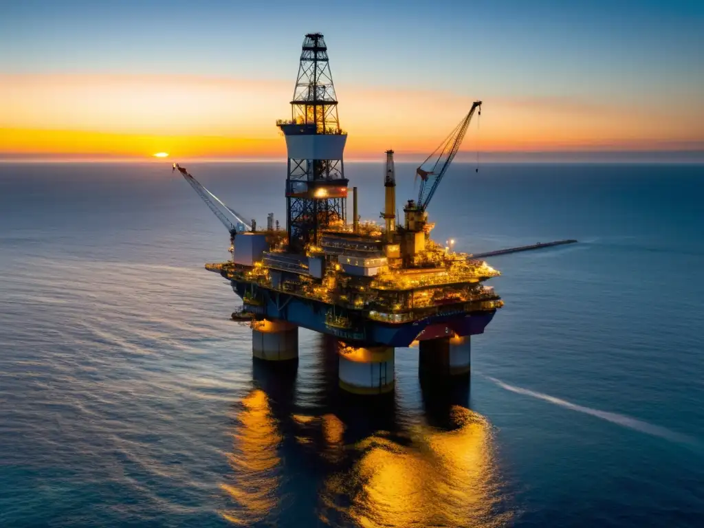 Plataforma petrolera al amanecer: industria en movimiento Vista aérea de plataforma petrolera en el mar al amanecer, reflejando la luz dorada en el agua