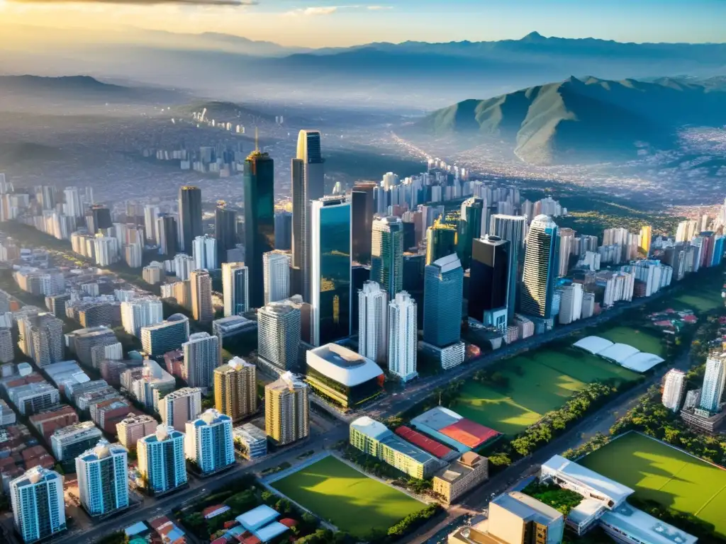 Horizonte urbano de Colombia: impacto financiero y energía vibrante Vista aérea de rascacielos en Colombia, reflejando la influencia económica y financiera