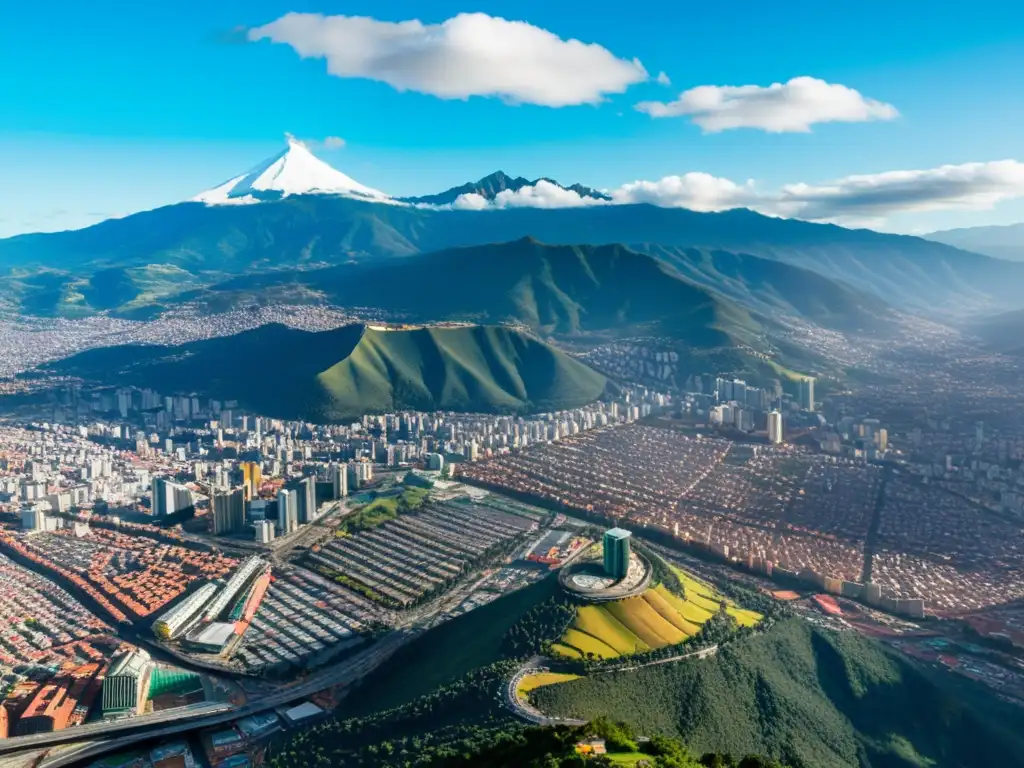 Vibrante Bogotá: Reforma Tributaria y Desarrollo Económico Vista aérea de Bogotá, Colombia con rascacielos modernos y calles bulliciosas, reflejando el desarrollo económico y la reforma tributaria colombiana