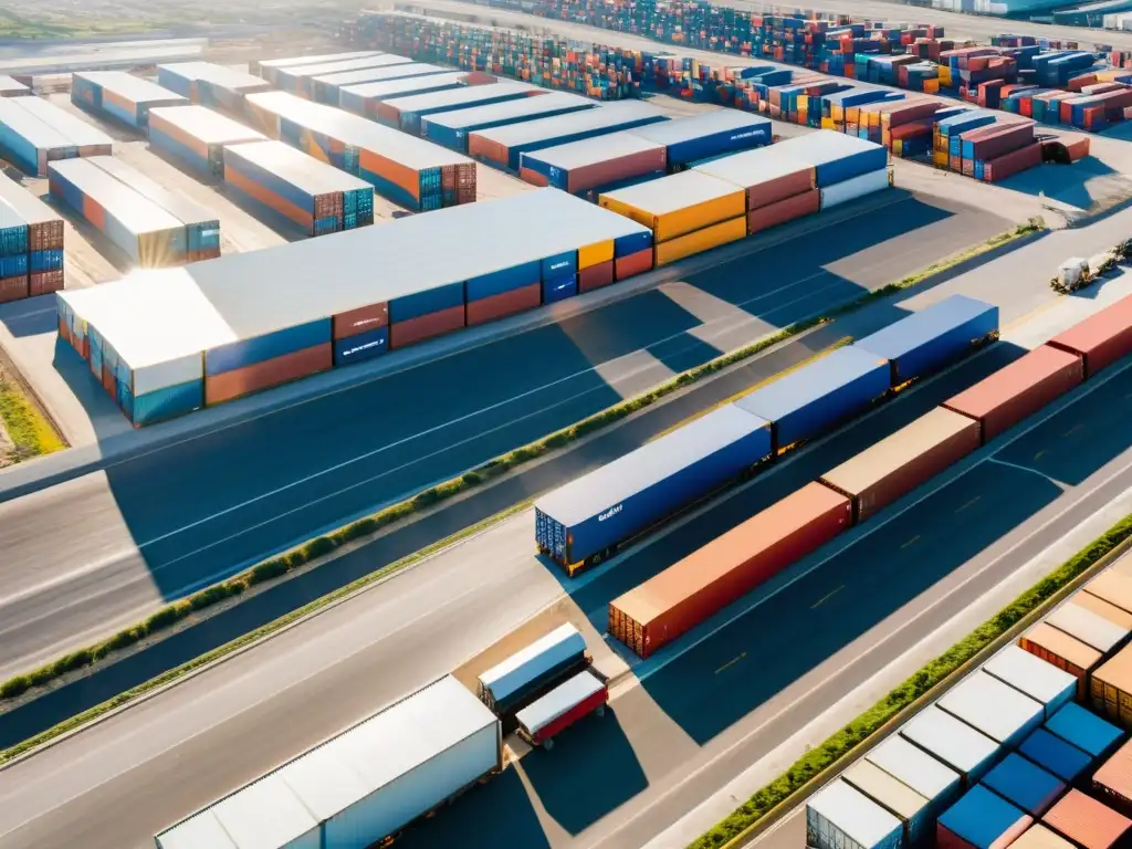 Zona de libre comercio en México: dinamismo industrial Vista aérea dinámica de zona franca en México, con almacenes, contenedores y camiones