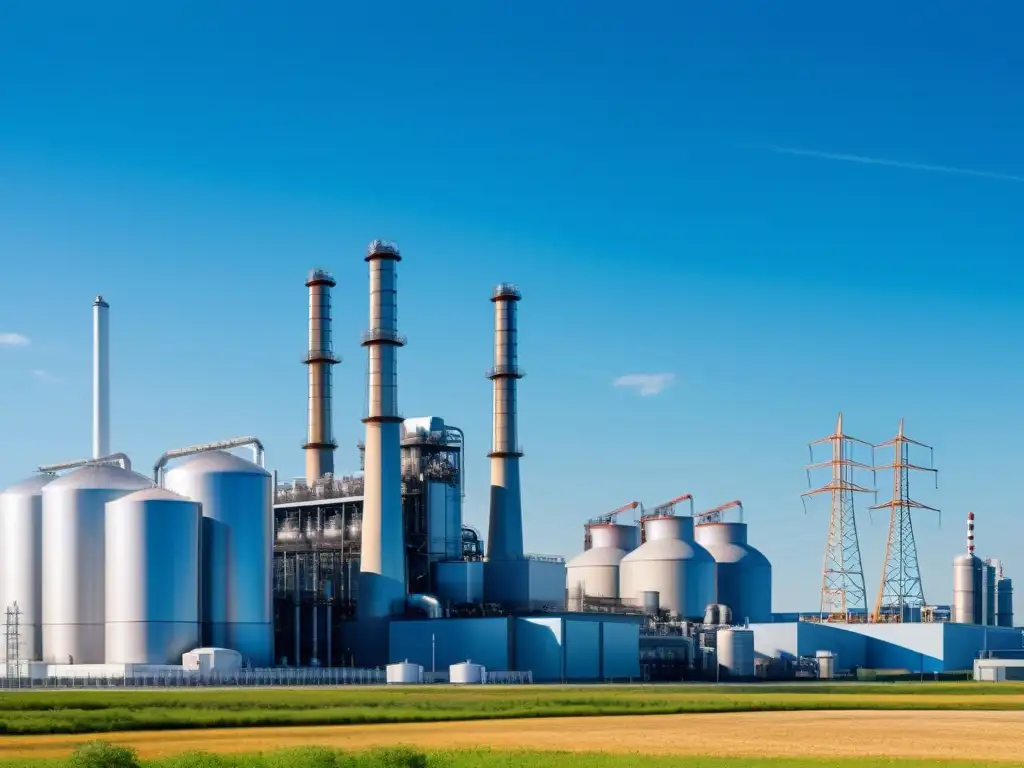 Planta industrial futurista: 8k detalle Vista en alta resolución de una moderna planta industrial con maquinaria futurista y líneas de transmisión, mostrando aplicaciones del IVA en energía