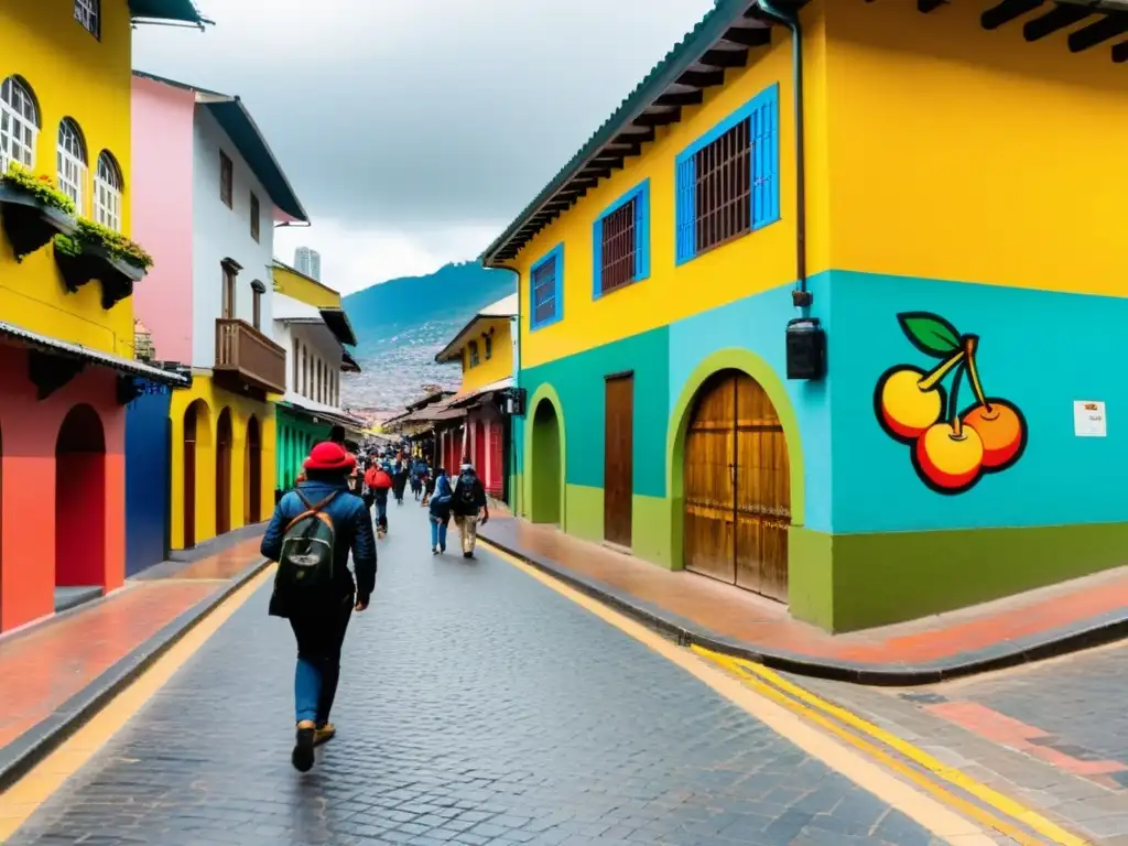 Vida urbana en Bogotá: colores y energía Vista animada de la estructura impositiva en Colombia, con edificios coloridos y arte callejero vibrante en Bogotá