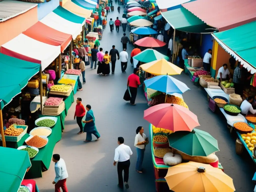 Mercado mexicano: colorido ajetreo y energía vibrante Vista animada de un mercado mexicano, reflejando el impacto y estrategias IEPS en la economía local, con puestos coloridos y transacciones en curso