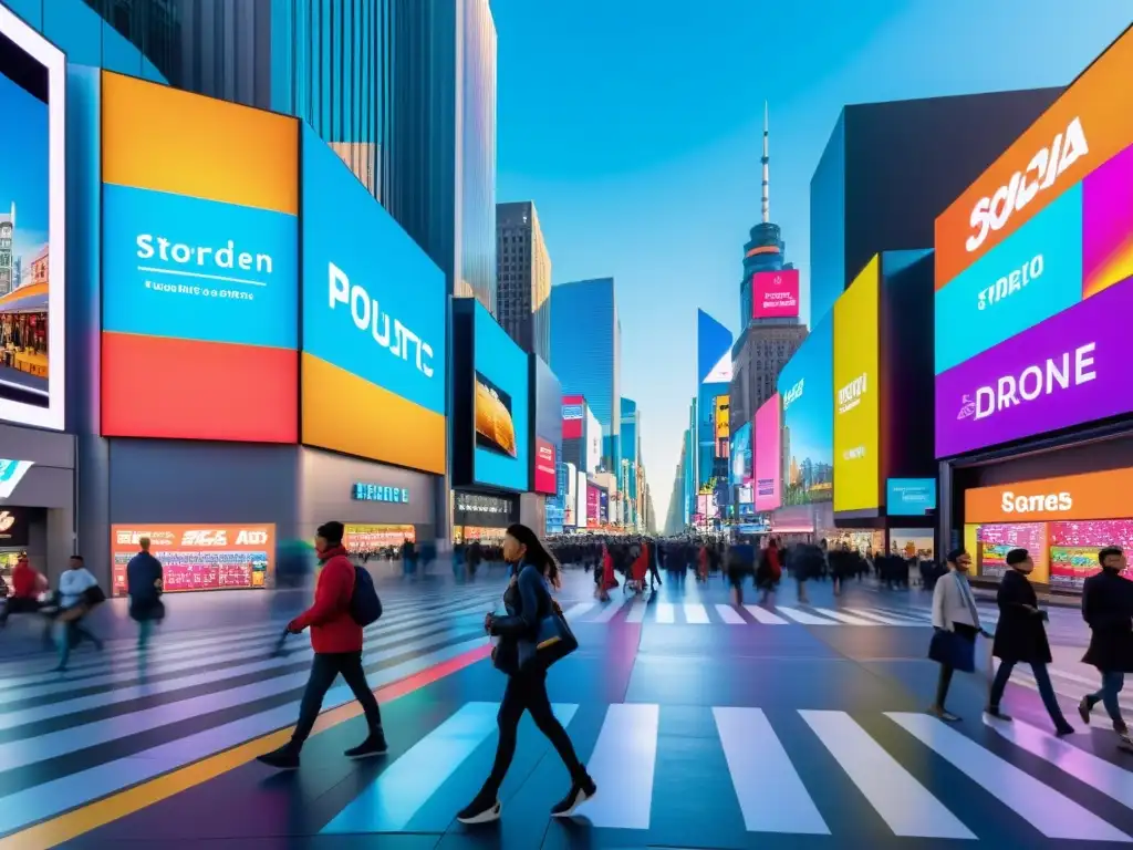 Calles electrónicas rebosantes de vida y tecnología Vista de una bulliciosa calle de la ciudad llena de tiendas modernas con pantallas digitales que muestran productos electrónicos