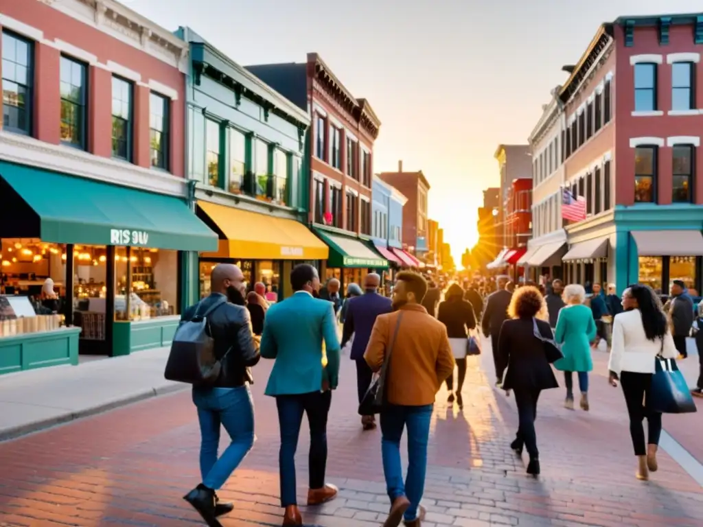 Atardecer emprendedor: colaboración e innovación en la ciudad Vista de una bulliciosa calle de la ciudad al atardecer, con negocios coloridos y personas