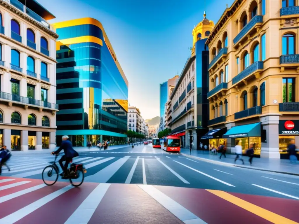 Vibrante escena urbana en España: evolución empresarial Vista de una bulliciosa calle de ciudad en España, reflejando la mezcla de arquitectura tradicional y contemporánea, y la actividad empresarial