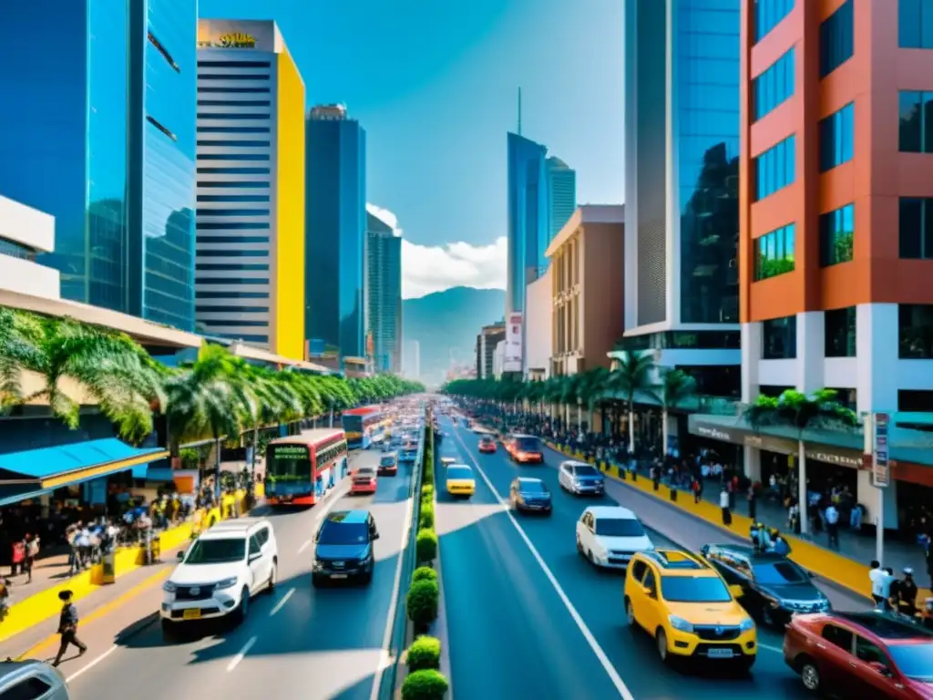 Vibrante calle urbana en Colombia Vista de la bulliciosa ciudad de Colombia, destacando la evasión fiscal y su impacto en el entorno urbano