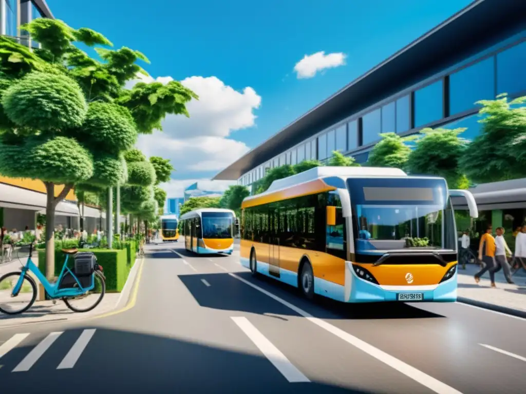 Escena urbana sostenible: buses y bicis eléctricas en la ciudad Vista de una calle urbana con autobuses eléctricos, bicicletas y autos rodeados de vegetación y edificios con paneles solares