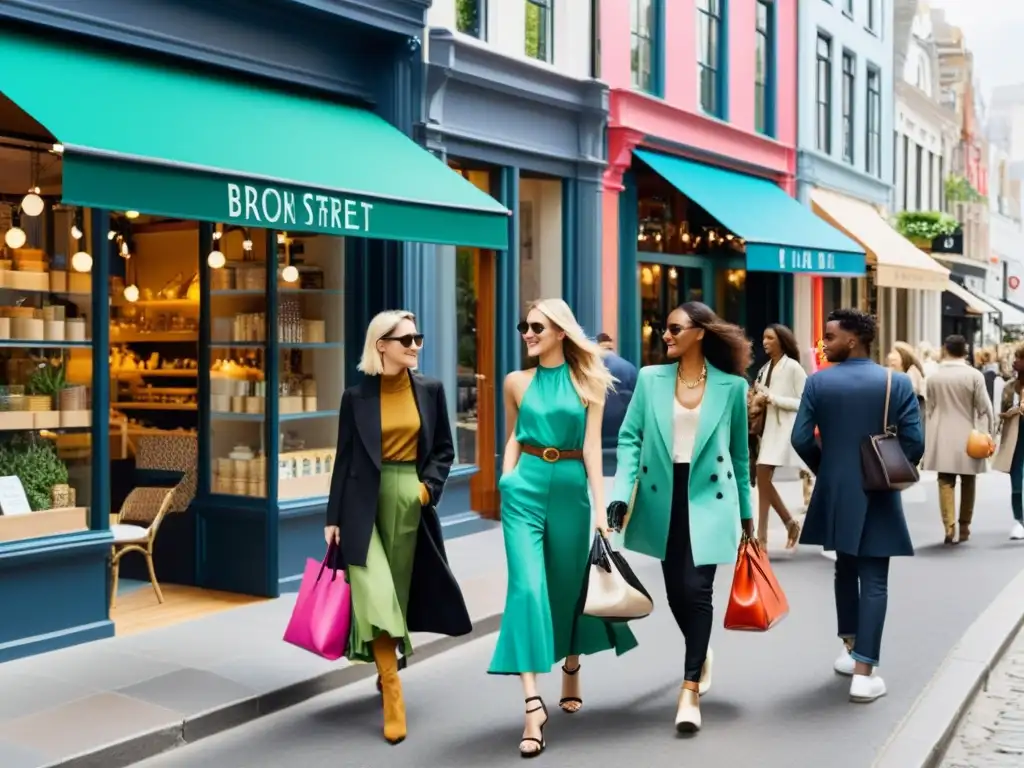 Moda sostenible y tiendas eco chic en una bulliciosa calle urbana Vista de una calle urbana moderna con boutiques de moda sostenible y ética, llenas de estilo y colorido