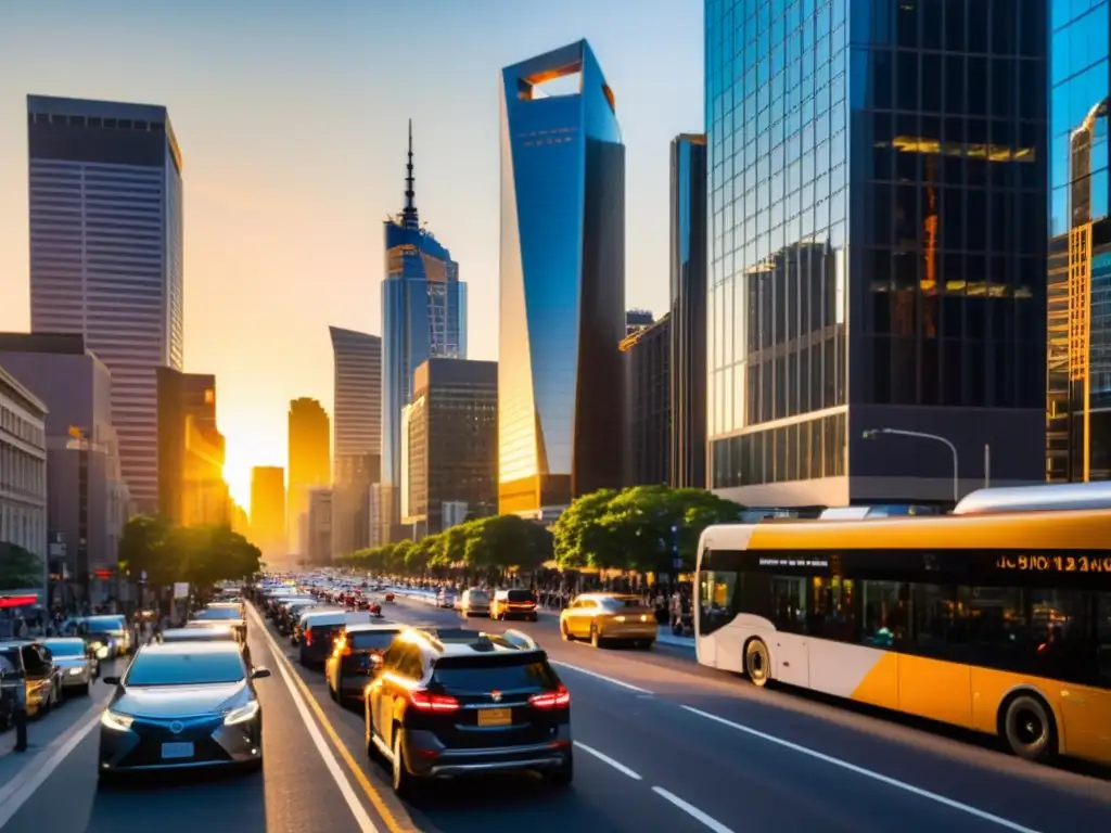 Espectacular ciudad moderna al atardecer Vista de la ciudad al atardecer con rascacielos modernos y bullicio de tráfico