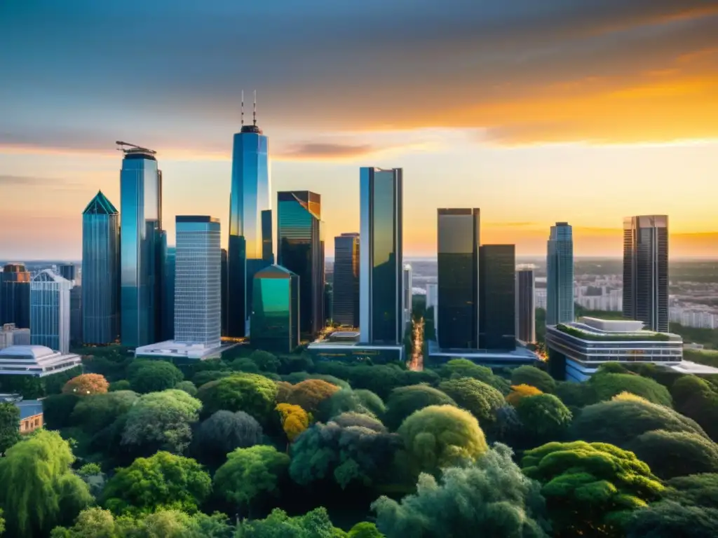 Horizonte urbano moderno al atardecer: inversión inmobiliaria Vista de la ciudad moderna al atardecer, con rascacielos de cristal reflejando la cálida luz dorada y vegetación exuberante