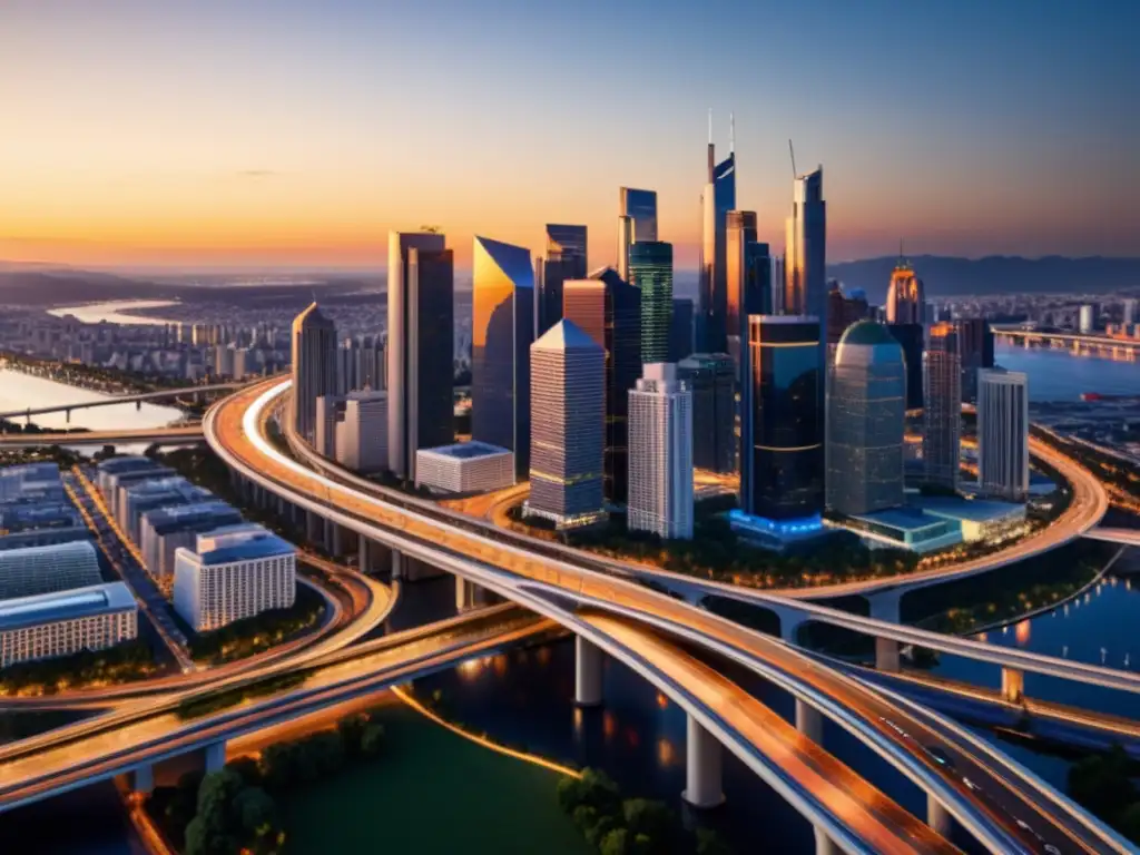 Horizonte urbano moderno bañado por el sol Vista de una ciudad moderna con rascacielos y una red de carreteras iluminada por el sol