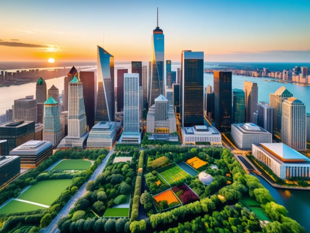 Horizonte financiero vibrante en 8k Vista deslumbrante de distrito financiero con rascacielos, arte moderno y vegetación exuberante al atardecer