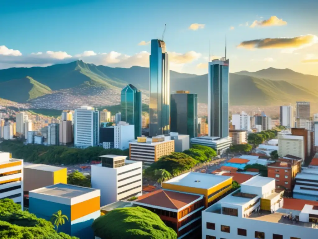 Vibrante ciudad colombiana: skyline moderno y bullicioso Vista detallada de una bulliciosa ciudad colombiana con modernos rascacielos y calles animadas