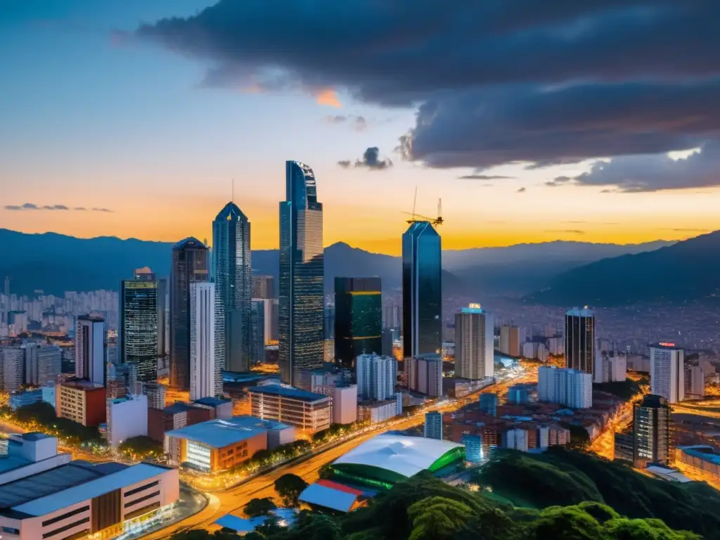 Skyline moderno de Colombia: luces y energía financiera Vista detallada de la ciudad colombiana al anochecer con rascacielos iluminados, reflejando la Reforma Tributaria 2023 Empresas Colombianas