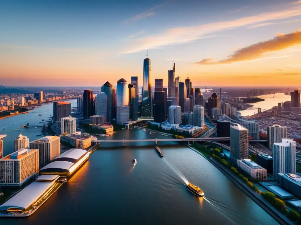 Espectacular atardecer en la ciudad: vibrante economía urbana en 8k Una vista detallada de la ciudad en 8k, con rascacielos modernos reflejando el atardecer sobre el río