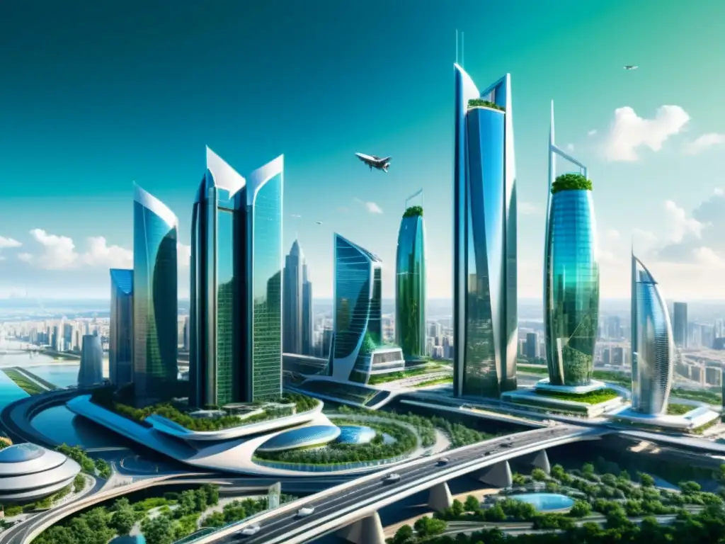 Metrópolis futurista: riqueza, impuestos y tecnología Vista detallada de una futurista ciudad con rascacielos, tecnología avanzada y estrategias legales para minimizar el impacto del impuesto patrimonial