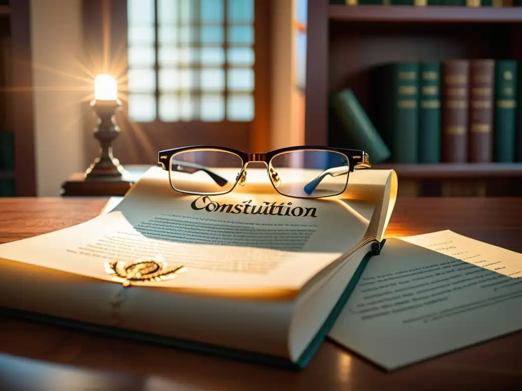 Constitución Mexicana en Detalle: Luz Solar y Libros de Ley Vista detallada de la Constitución Mexicana en una mesa de madera iluminada por el sol, con lentes de lectura