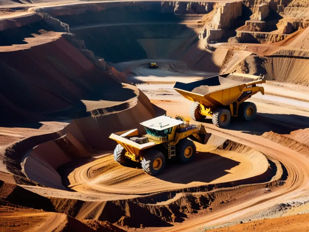 Minería a cielo abierto: impacto ambiental y responsabilidad fiscal Vista detallada de una mina a cielo abierto con maquinaria pesada operando en varios niveles